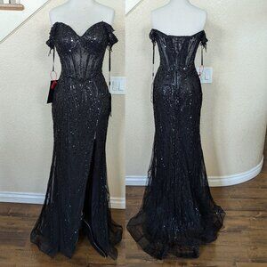 Black Sequined Off the shoulder Corset Formal Prom Evening Mermaid Dress 8